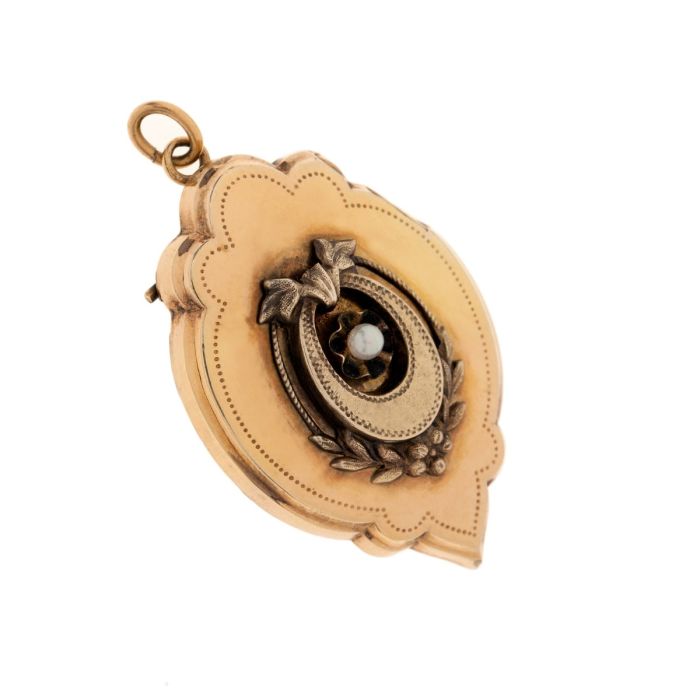 Biedermeier Anhänger-Brosche aus 585er Gelbgold - Blumenranke mit perlenbesetzter Blüte 