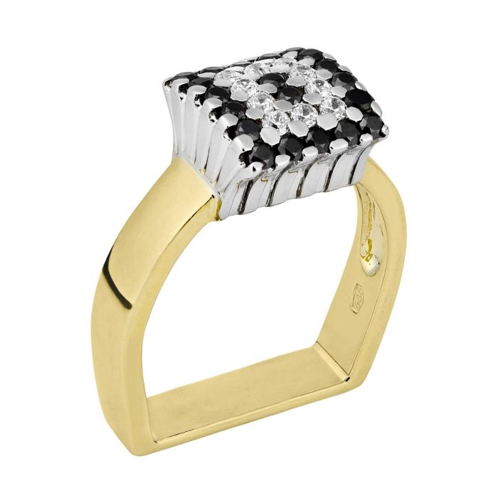 Ring aus 585er Gelbgold und Weißgold mit hufeisenfömiger Vierkantringschiene mit dunklen und weißen Zirkonia