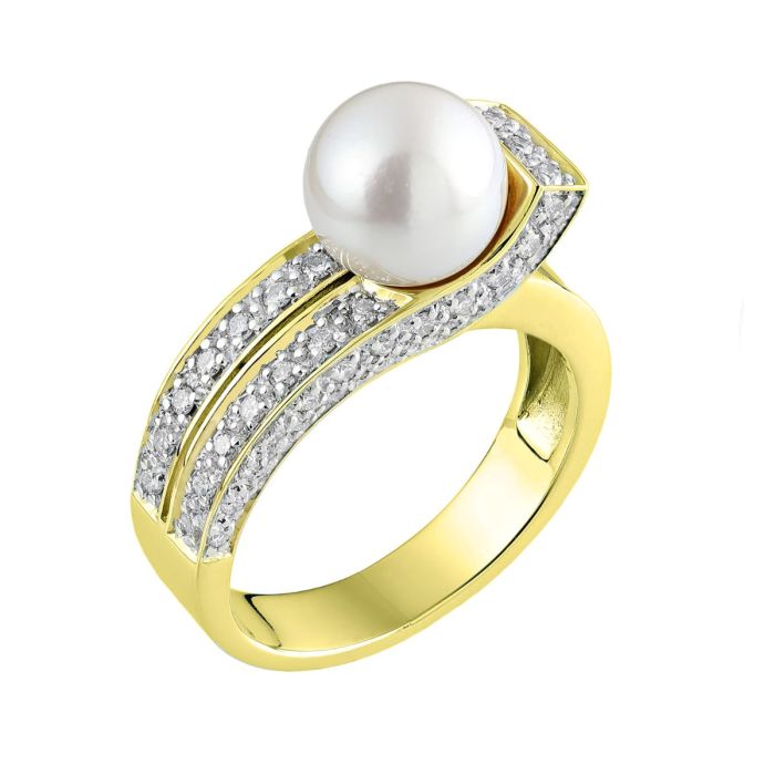Perlen-Brillantring aus 585er Gelbgold in modernem Design mit kleinen Brillanten und einer Akoya-Perle