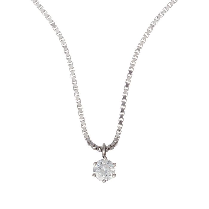 Anhänger mit einem Brillant von 0,45 ct. Die Fassung ist seitlich offen und wirkt dadurch wie ein Krönchen. Die Venezianerkette ist passend dazu.