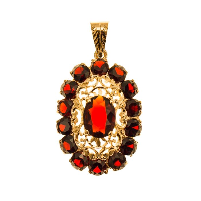 Ovaler Anhänger in 750er Gelbgold mit 15 Granatsteinen
