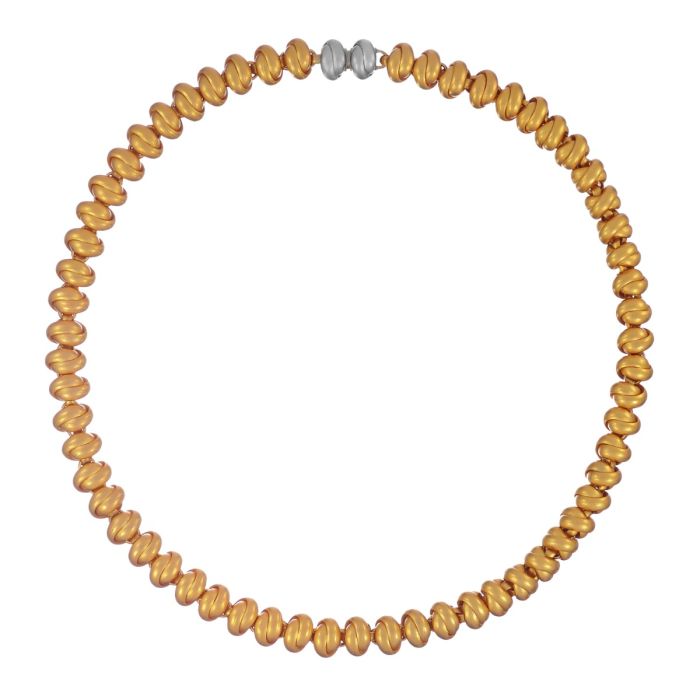Designer-Collier in 916er Gelbgold und Weißgold mit einzelnen,  mattierten, aus Goldband schlaufenförmig geknoteten, Gliedern 

