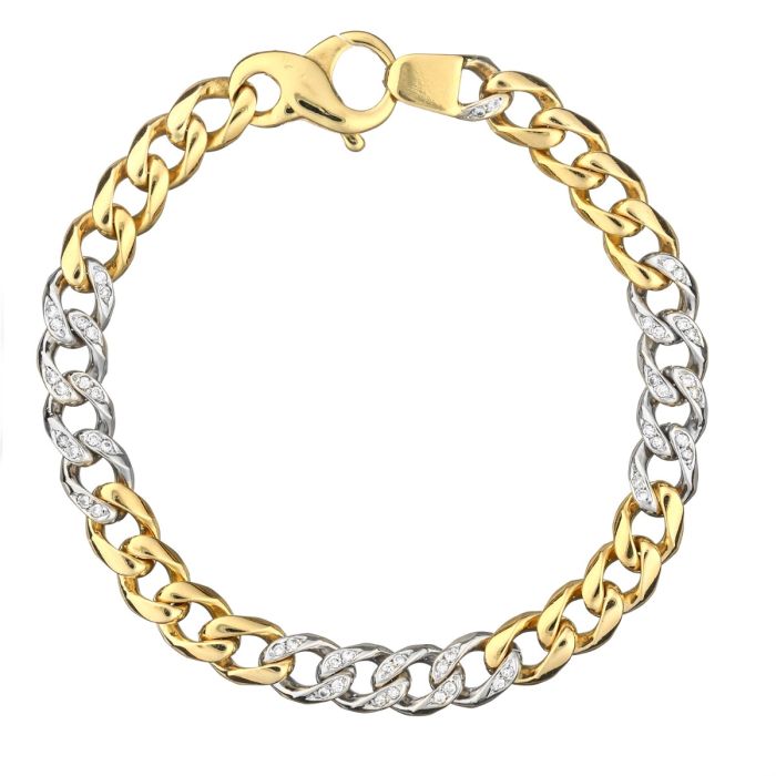 Massives Panzerarmband in Bicolor, 750er Gelbgold und Weißgold mit 50 kleinen Brillanten

