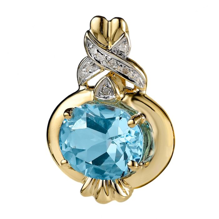 Vario-Clip-Anhänger in 585er Gelbgold mit einem Blautopas in Ovalschliff, gehalten von vier Krappen in bombiertem Rahmen, der bekrönt wird von rhodinierten, überkreuzten Bändern, besetzt mit 8 kleinen Diamanten. 