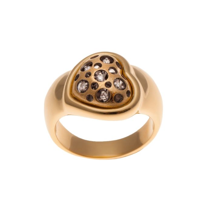 Damenring in 18-karätigem Gelbgold. Geschwungene Ringschiene, schauseitig mit einem Herz mit Brillanten