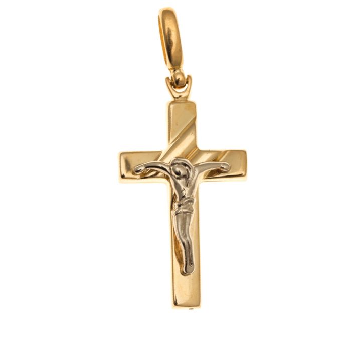 Modernes Kreuz als Kettenanhänger mit großer Öse. Der Jesus ist in Weißgold. 