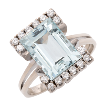 Exquisiter Cocktail-Ring mit Aquamarin und Brillanten in 585er Gold, Vintage