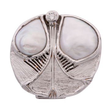 Einzelstück! Designer Brosche mit Biwa Perlen und Brillanten