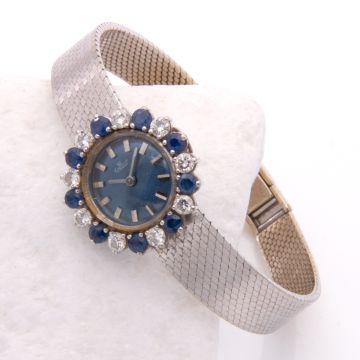 Vintage Damenuhr in 750er Weißgold mit Saphir-Brillant-Lünette von EXQUISIT