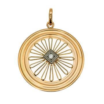 Rad-ähnlicher Anhänger des italienischen Schmuckherstellers "UNO AR" in 750er Gold. Er hat einen in Weißgold gefassten Altschliffbrillanten mittig