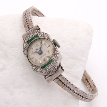 Art-Déco Damenuhr mit Diamanten und Smaragden in Platin und 750er Weißgold