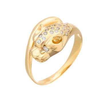 Damenring in 583er Gelbgold in  Form eines Raubkatzenkopfes. 
Besetzt mit insgesamt 29 funkelnden Zirkonia versetzt angeordnet. Der angedeutete Schwanz des Tieres schließt den Ring an der Schauseite.