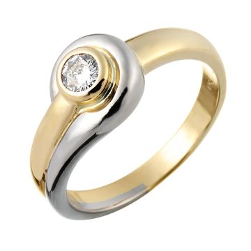 Moderner Brillantring in 750er Gold in Bicolor mit gerundeter Vierkantringschiene, schauseitig gedoppelt und den Brillantsolitär in Zargenfassung einrahmend