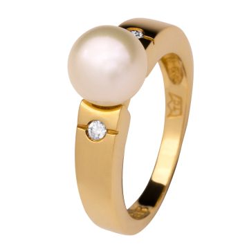 585er Goldring mit 2 Brillanten und Akoya Perle
