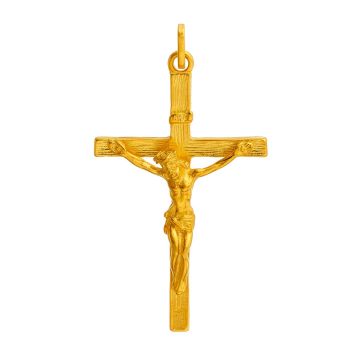 Kreuzanhänger in 8-karätigem Gelbgold. Das filigrane Schmuckstück ist mit einem ziselierten Muster versehen. Dreidimensional ist der gekreuzigte Jesus darauf. 