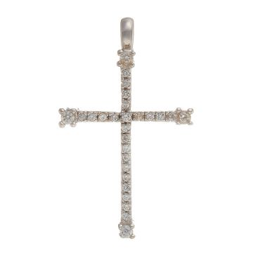 Kreuzanhänger in 18-karätigem Weißgold. Das Schmuckstück ist komplett besetzt mit insgesamt 27 Zirkonias entlang des Längs- und Querbalkens des Kreuzes. 