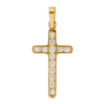 Kreuzanhänger in 18-karätigem Gelbgold, das mit 13 Zirkonias besetzt ist. Der Rahmen des Kreuzes ist zierlich und schlicht gehalten.