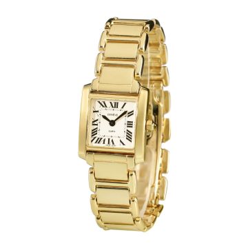 Moderne Damenuhr, Geneve / Schweiz, im Cartier-Stil, in 585er Gelbgold, mit sportlichem Gliederband mit Butterfly-Schließe, eckigem Gehäuse mit creme-weißem Zifferblatt und schwarzen römischen Zahlen und Zeigern. 