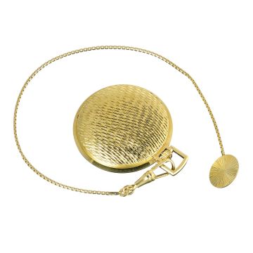 Savonette in 585er Gelbgold um 1960/70, flaches Gehäuse mit silberfarbenem Zifferblatt und schlichten schwarzen Indizes sowie goldenen Stabzeigern. Ansicht mit geschlossenem Gehäuse.