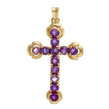 Kreuzanhänger in 9-karätigem Gelbgold. Das Schmuckstück fasst insgesamt 12 Amethyste, die entlang des Quer- und Längsbalkens in Krappenfassungen sitzen.