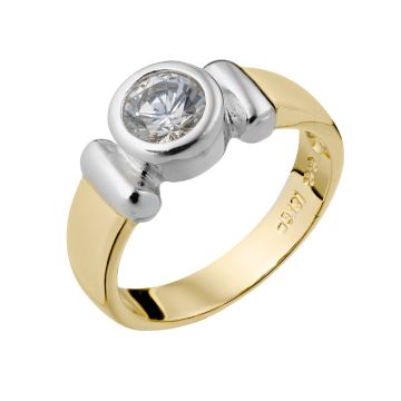 Cocktailring in 18-karätigem Bicolor. Der Ringkopf hat einen glitzernden Zirkonia in Zargenfassung. Die Ringschiene ist in Gelbgold gehalten.