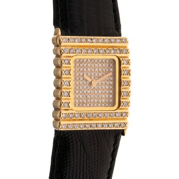 Seltene Damenuhr von Van Cleef & Arpels in 750er Gold mit Brillanten und Lederband