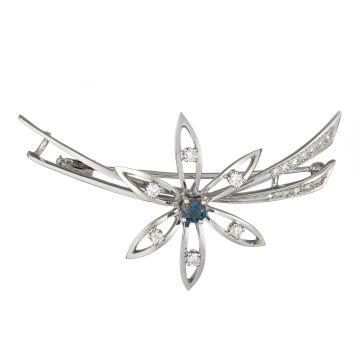 Anstecknadel in 750er Weißgold - mittig mit einer Blüte, die mit Brillanten und einem Saphir besetzt ist.