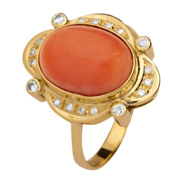 Klassischer Korallenring mit Brillanten und Diamanten