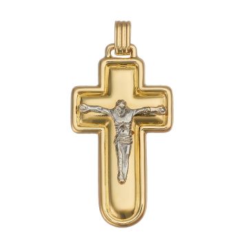Anhänger in 14-karätigem Gold in Form eines Kreuzes. Das hochglanzpolierte Schmuckstück hat einen reliefierten Rand. Ein  gekreuzigter Jesus ist auf dem Kreuz in Weißgold aufgebracht. 