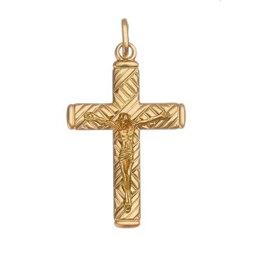 Kreuzanhänger in 18-karätigem Gelbgold. Die hochglanzpolierte Oberfläche ist geziert von einem reliefartigen gekreuzten Muster. Ein plastisch gearbeiteter Jesus ist auf der Musterung aufgebracht.
