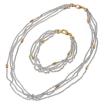 Set bestehend aus Collier und Armband. Jeweils 4 einzelne Gliederketten in Weißgold mit kleinen, unbeweglichen, gelbgoldenen Elementen dazwischen werden an den Endstücken in gelbgoldene Ösen zusammengeführt. Das Armband ist aus 14-karätigem und die Kette 