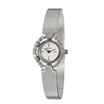 Vintage Damen-Armbanduhr von Provita um 1965/70, seitliche Einfassung des runden Gehäuses besetzt mit insg. 18 Brillanten zus. ca. 0,50 ct. (Weiß, Si) als Verbindungsstück zum massiven Schmuckband mit geschwungenem Band-Ansatz poliert abgesetzt zur mattie