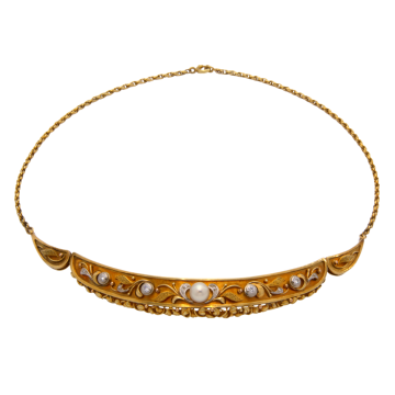 Wunderschönes Mittelteil-Collier in 585er Gold um 1930/40 mit Granulation und Diamanten