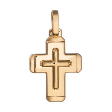 Anhänger in Form eines Kreuzes in 14-karätigem Gelbgold. Ein kleineres Kreuz ist auf dem breiten unteren Kreuz aufgearbeitet. 