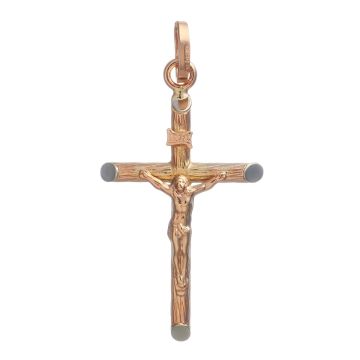 Anhänger in Form eines Kreuzes in 14-karätigem Rotgold. Die Endstücke des Quer- und Längsbalken sind abgeschrägt. Ein gekreuzigter Jesus und die Inschrift „INRI“ sind aufgebracht.
