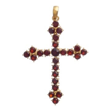 Kreuz-Anhänger aus 18-karätigem Gelbgold. Das Schmuckstück ist besetzt mit 24 Granatsteinen. Die Endstücke des Längs- und Querbalken sind mit je 3 Steinen besetzt. Mittig ein größerer Granat. 