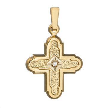 Kreuzanhänger in 14-karätigem Gold. Das Schmuckstück hat einen hochglanzpolierten Rahmen. Mittig ziert ein quadratisches Element mit einer sternförmigen Fassung, in der ein Zirkonia sitzt, das Kreuz.