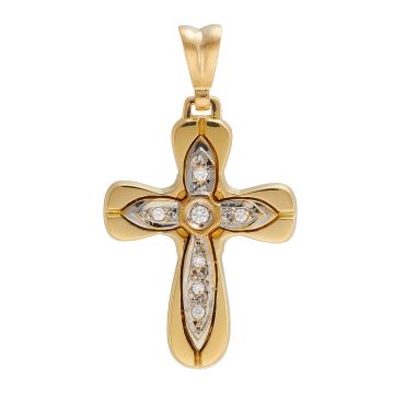 Kreuzanhänger in 14-karätigem Gold. Der äußere Teil ist in Gelbgold und schlicht, während der innere Teil funkelt! Besetzt mit Zirkonias und weißgold unterlegt.