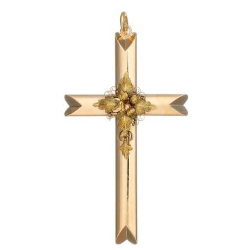 Antiker Kreuzanhänger. Das Schmuckstück ist in Gelbgold gearbeitet und hat filigrane Elemente aufgearbeitet, die eine zarte Blüte mit ihrem Blattwerk darstellen. 