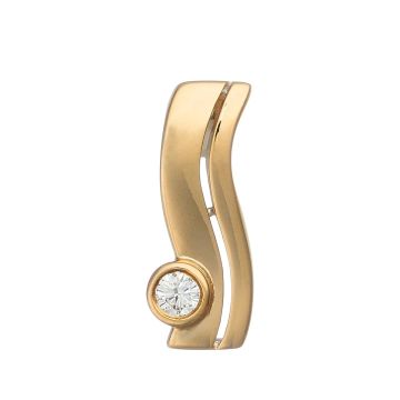 Anhänger in 14-karätigem Gelbgold. Das wellenartige Schmuckstück ist rechtslastig durchbrochen gearbeitet und fasst im unteren Teil einen Brillanten von 0,25 ct.