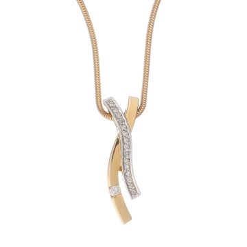 Anhänger in „X“-Form in 14-karätigem Gold. Eine Strebe ist in Weißgold gehalten und mit Brillanten versehen. Die Andere ist hochglanzpoliert und fasst im unteren Teil einen Brillant.