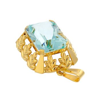 Anhänger in 14-karätigem Gelbgold. Die Fassung ist mit einem Muster versehen, das einem floralen Dekor entspricht. Mittig ist ein großer funkelnder achteckiger Aquamarin in Krappenfassung gesetzt. 