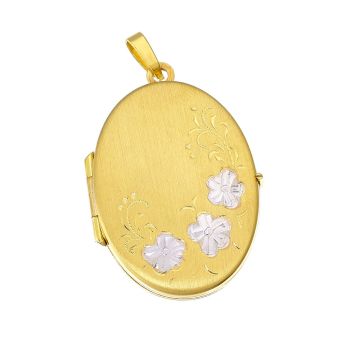 Kettenanhänger in Bicolor. 
Das Amulett ist mattiert und hat schauseitig ziseliert Blumenelemente eingearbeitet.
Die Blüten sind in Weißgold gehalten. Das Amulett ist zum Aufklappen.