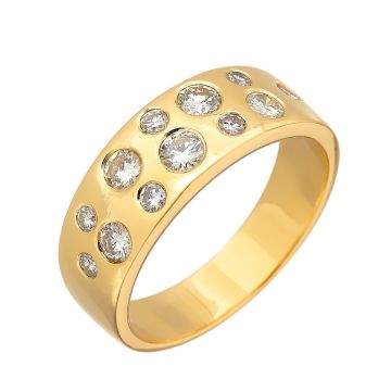 Der polierte Bandring aus 18-karätigem Gelbgold ist besetzt mit 12 Brillanten von insgesamt 0,73 ct. in verschiedenen Größen. 