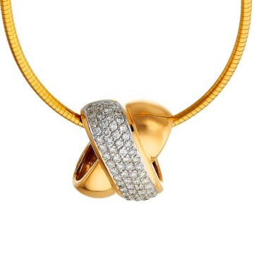 Brillantanhänger mit Halskette in Schlangengliederform in 14-karätigem Gold. Der x-förmige Anhänger ist mit 70 Brillanten besetzt. 