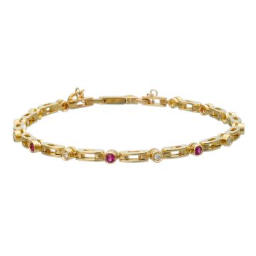Armband in 14-karätigem Gold. Die stegförmige Gliederform ist mit runden Zwischenelementen, die jeweils abwechselnd einen Rubin und einen Brillant fassen. 