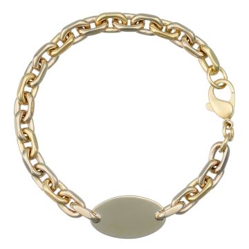Armband in 14-karätigem Gold. Die geschliffene Ankergliederung ist abwechselnd in Gelb- und Weißgold gehalten. Mit ovaler Platte für Gravuren. 