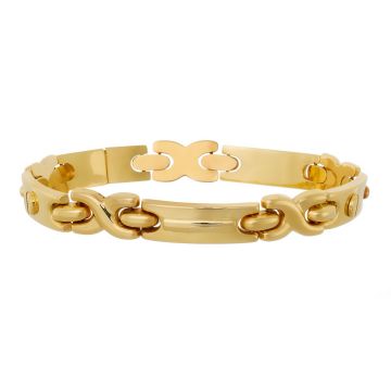 Armband aus 14-karätigem Gelbgold. Eine Kombination von gewölbten, schlichten Gliedern, welche geziert mit schrauben- und stegförmigen Elementen sind, und x-förmigen Zwischenelementen. 