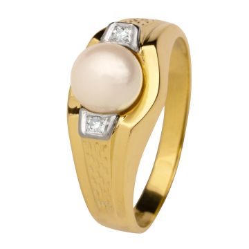 Klassischer Damenring mit Zuchtperle und 2 Diamanten