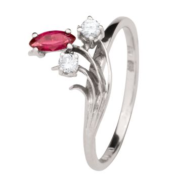 Weißgoldener Damenring mit Rubin und 2 Brillanten – 0,10 ct.
